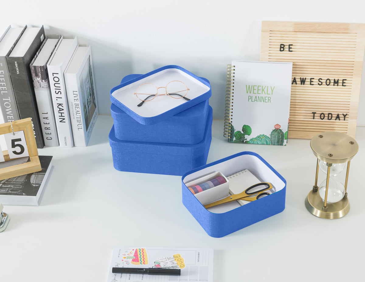 Soul & Lane Set of 3 Textured Royal Blue Boxes with Rounded Edges, Nesting Decorative Cardboard Boxes with Lids, Large Paperboard Storage for Organizing, Keepsakes, Gifts