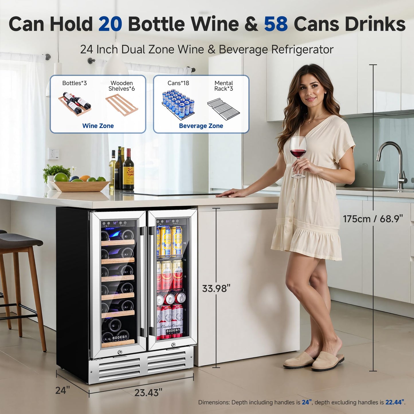 BODEGACOOLER Wine and Beverage Refrigerator, 24 Inch Under Counter Commercial Beverage Refrigerator, Large Capacity Back Bar Cooler With 2 Glass Doors,LED Lighting for Beer,Soda,Wine,4.1 Cu.Ft.,Black.