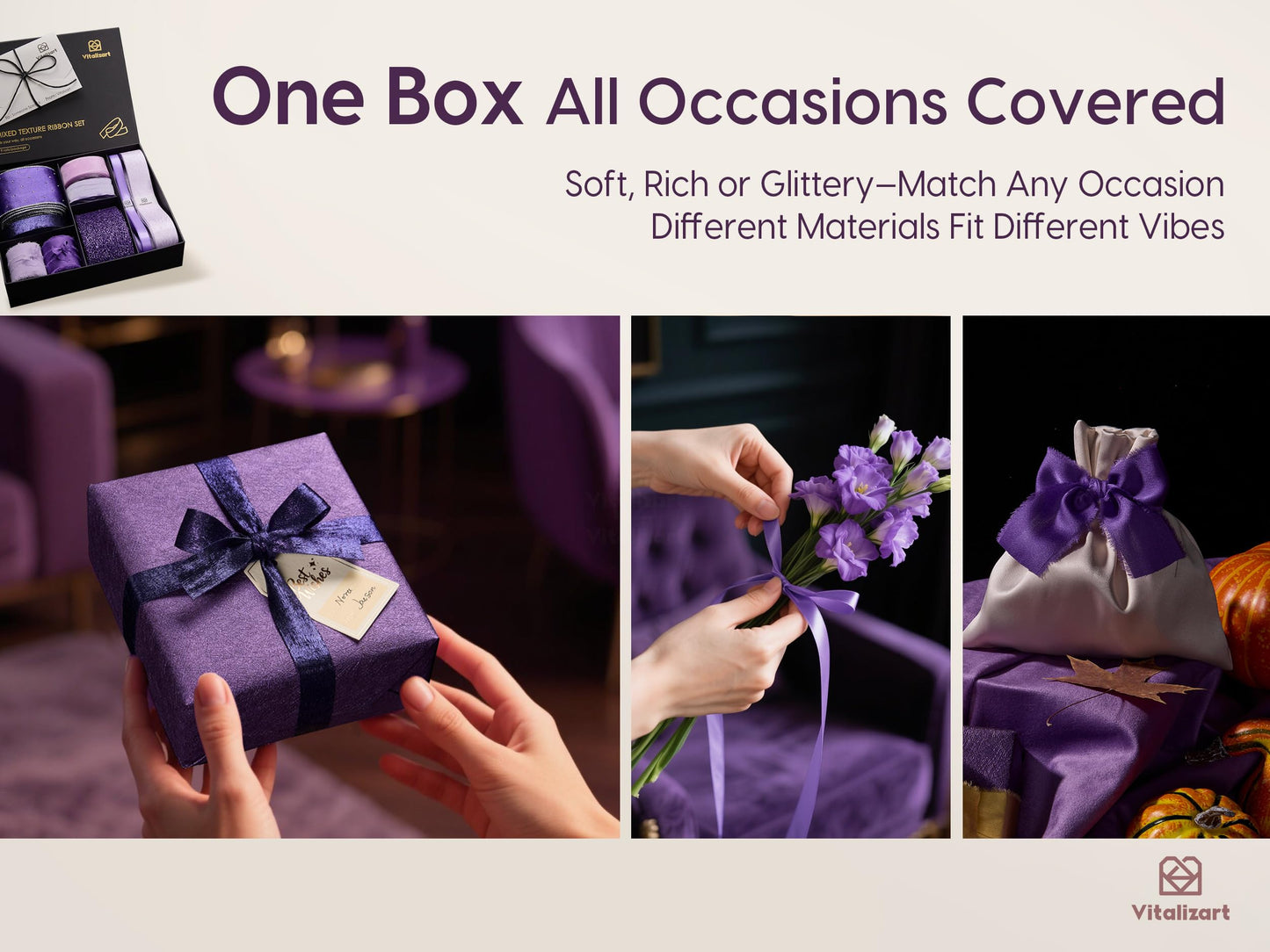 Vitalizart Luxury Purple Ribbon 40 Yards, 9 Textures & Sizes Chiffon, Satin, Organza, Grosgrain Gift-Wrapping, Crafts, Wedding Bouquets, Christmas & Holiday Bows