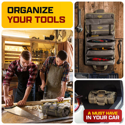 The Ryker PRO Official Roll Up Tool Bag Organizer Gifts for Dad. Motorcycle Tool Bag Organizer for Mechanic & Tools Storage Toolbag Tools Bags Mens gifts for him - w/4 Detachable Pouches & Wrench Roll
