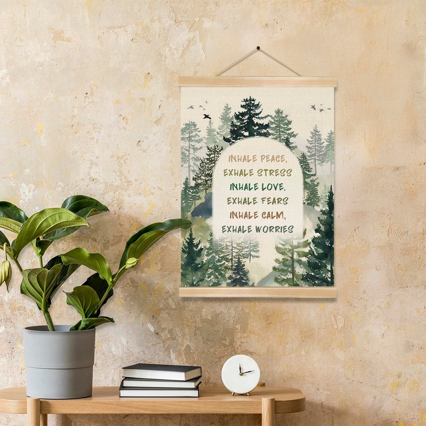 Mindfulness Wall Art Decor,Inhale Exhale Inspirational Forest Poster with Wooden Hanger, Mental Health Decor for Therapy Office, Counseling Room, Yoga Studio, Calm Down Corner, 14x18.5Inches(BG015)