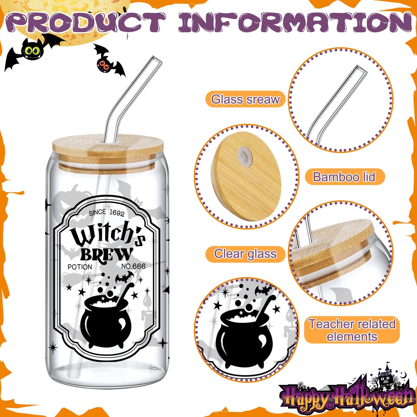 SiliFine 6 Pcs Halloween Drinking Glasses 16 oz Hearts Glass Cup with Bamboo Lid and Glass Straw Can Shaped Beer Glass Reusable Love Smoothie Cup for Women Teenager Valentine Party Birthday Gift