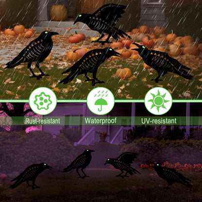 YY Gardenia Halloween Decorations Outdoor,Metal 4 Pack Black Crow Garden Stake - Spooky Glow in The Dark Raven Silhouette Crows Halloween Decorations