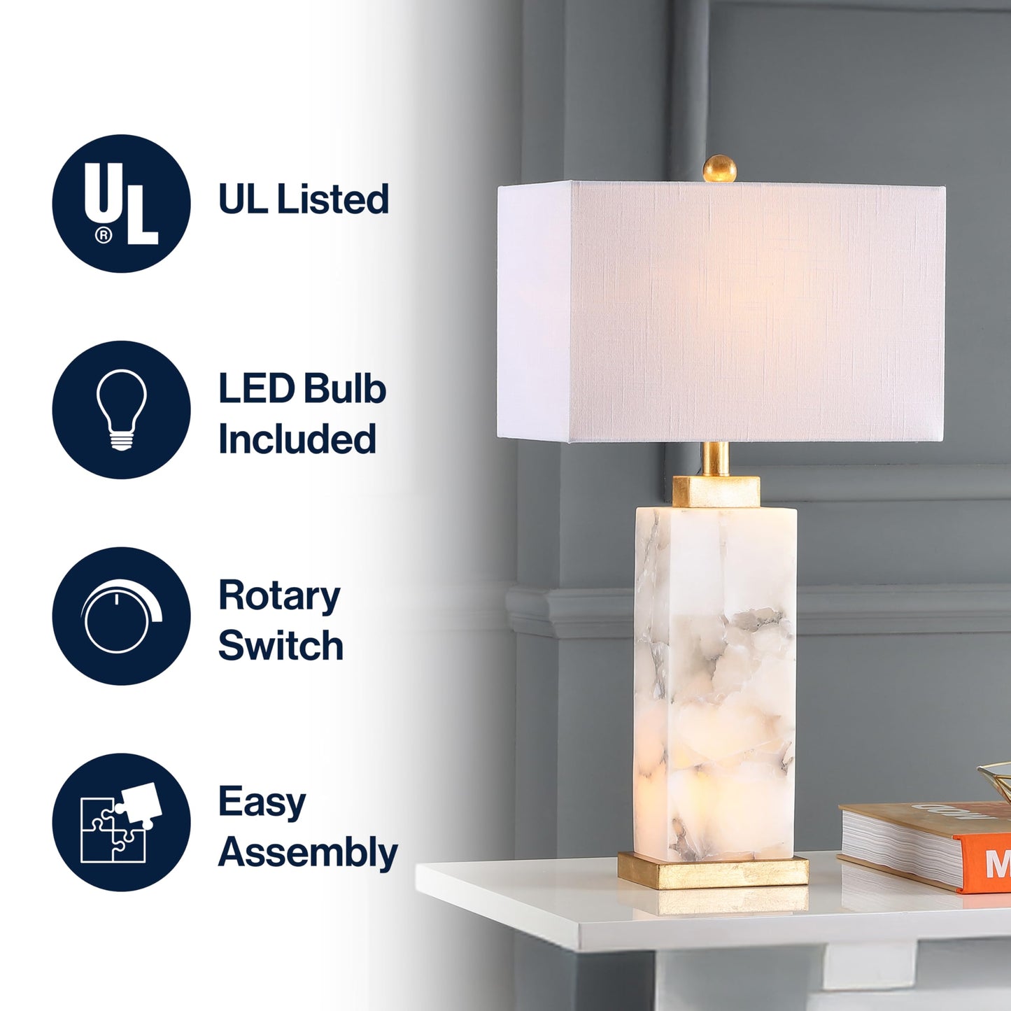 JONATHAN Y 27.5" White/Gold Modern Alabaster Rectangular Table Lamp with Night Light Contemporary Coastal Bedside Lamp for Bedroom with White Linen Shade LED Bulbs Included JYL6201A