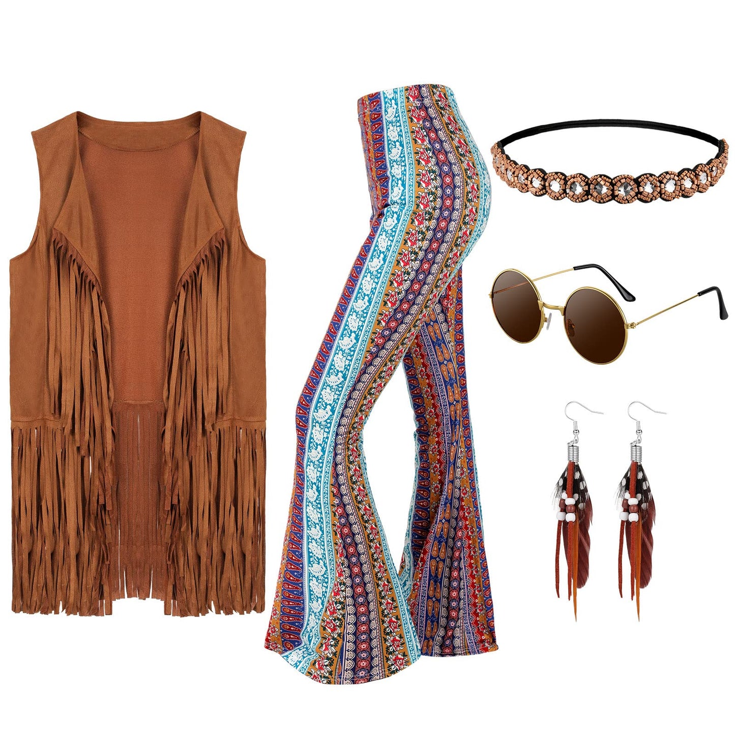 Leumoi 5 Pcs 60s 70s Costume for Women Disco Outfits Hippie Accessories Fringe Vest Boho Flared Pants Set for Halloween(XX-Large,Retro)