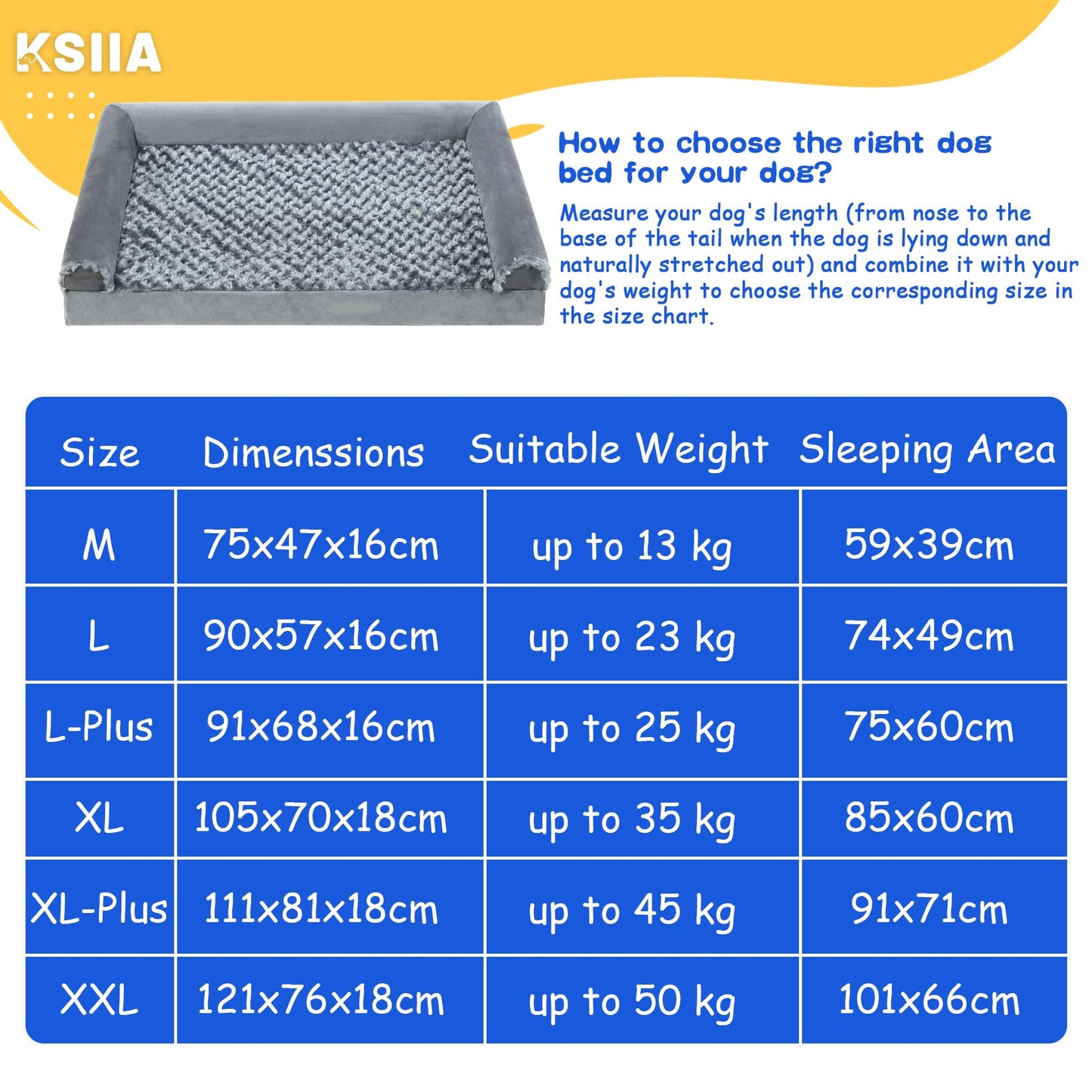 KSIIA Large Dog Bed, Orthopedic Dog Sofa Beds Pet Bed, Dog Couch with Removable Washable Cover, Waterproof Dog Bed, Pet Sofa with U-Shape Bolster, Grey 90x57x16cm