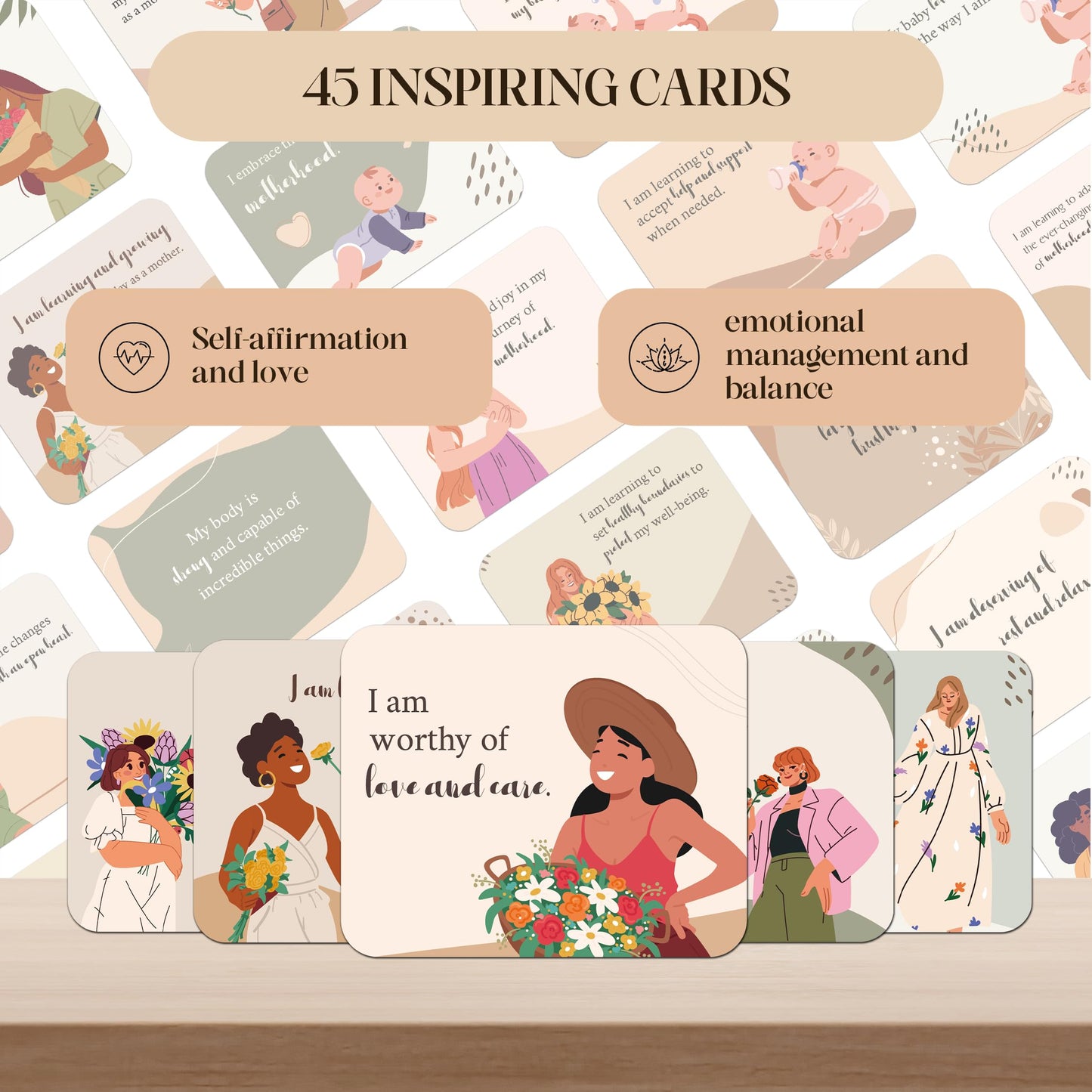 45 PCS New Mom Affirmation Cards for Postpartum - Mothers Day Gifts - New Mom Essentials Gifts with Empowering Messages - Postpartum Affirmation Cards with Wooden Stand & Metal Box for Mothers Day