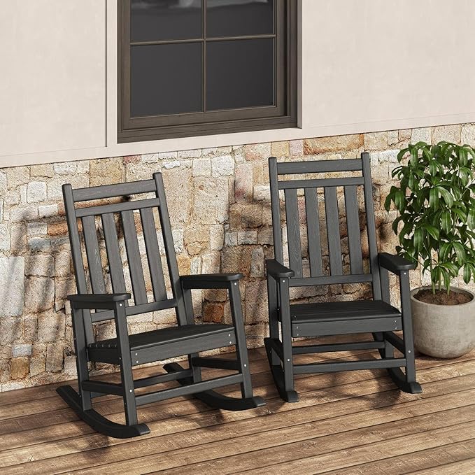 HDPE Rocking Chair Outdoor Set of 2 - Poly High Back Porch Rocker Chairs for Adults - All Weather Resistant Furniture for Patio Front Porch - Black