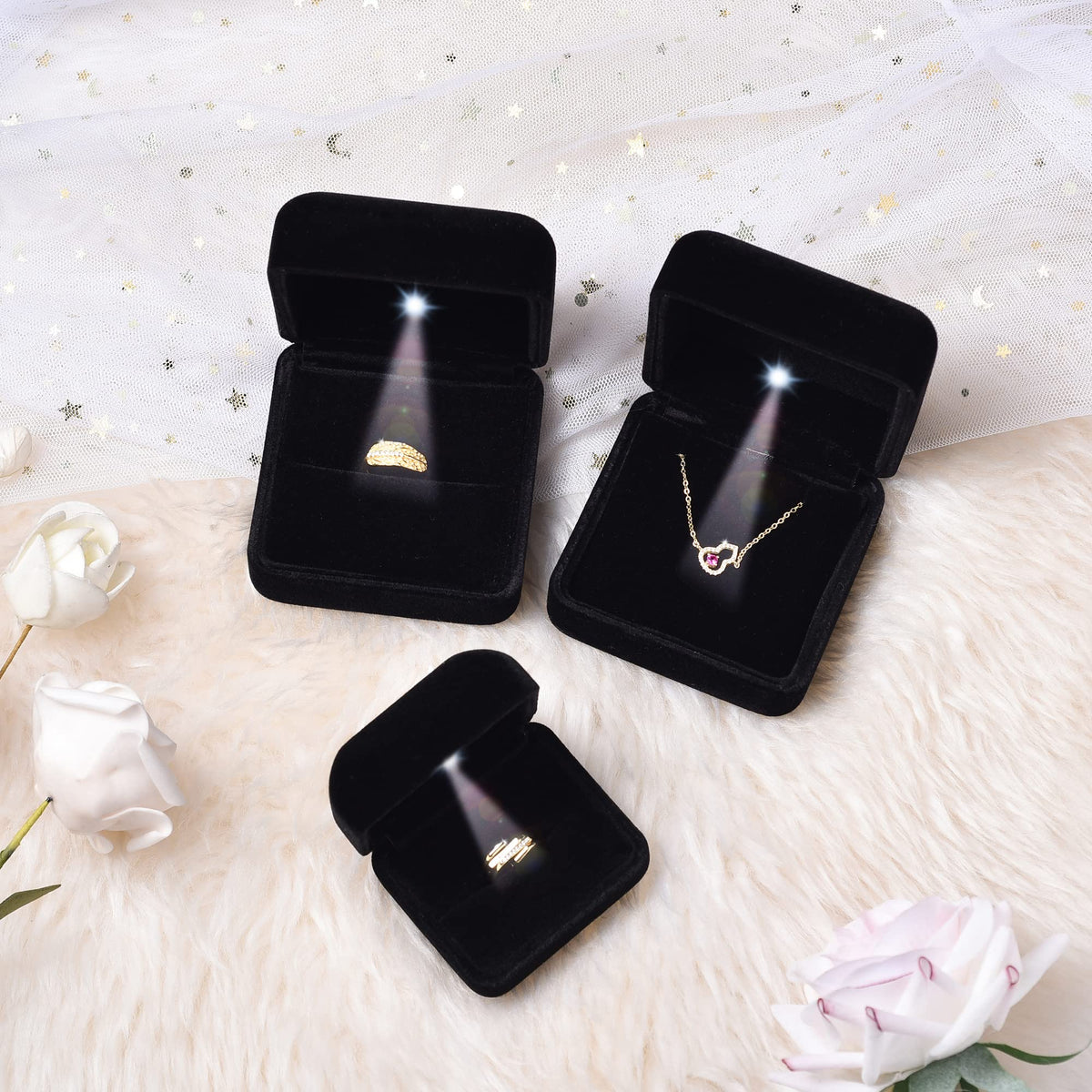 Omeet Velvet Metal Glossy with LED Pendant Box Necklace Box Couple Bracelet Box Jewelry Gift Box Case for Valentine's Day Anniversary Wedding Engagment Christmas - Black