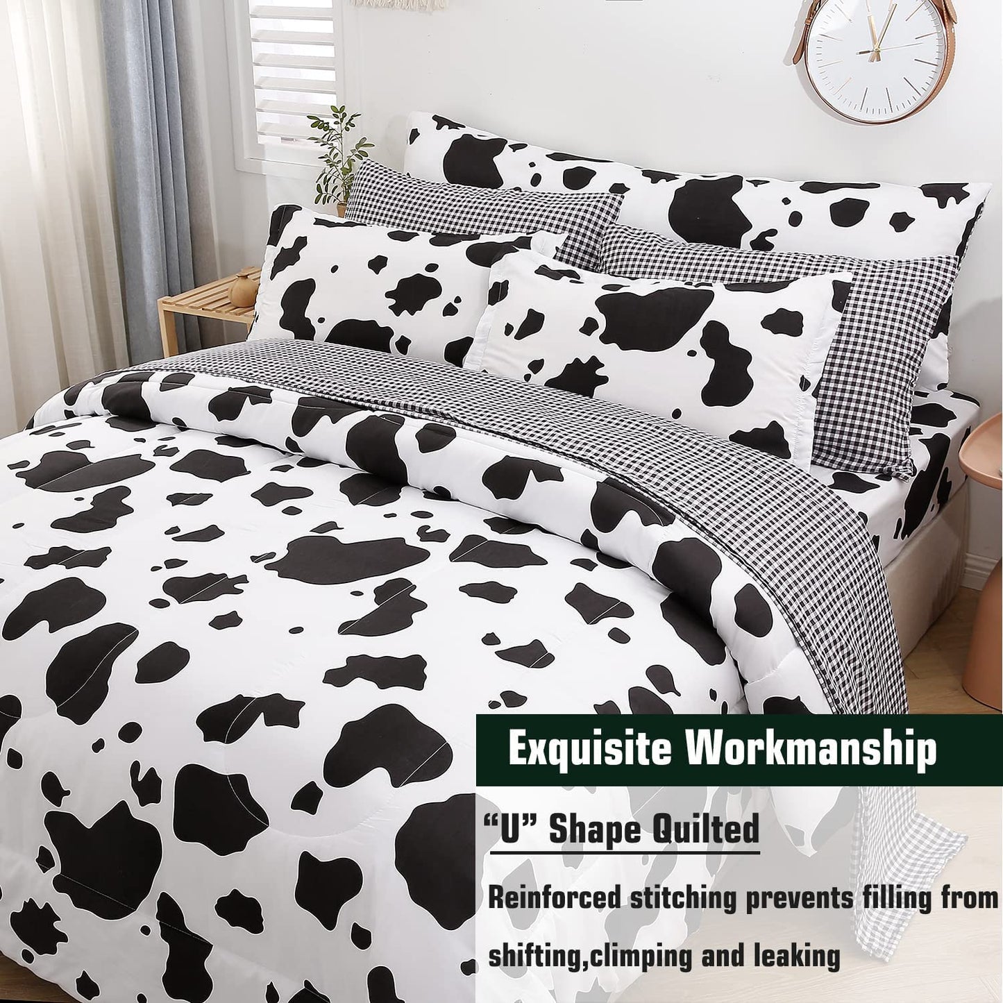 SUCSES Cow Print Full Size Comforter Sets, 8 Pieces Bed in A Bag Comforter Set with Sheets, Black and White Bedding Set for Kids Teens Boys Girls, Animal Print Cute Kid Full Size Bedding