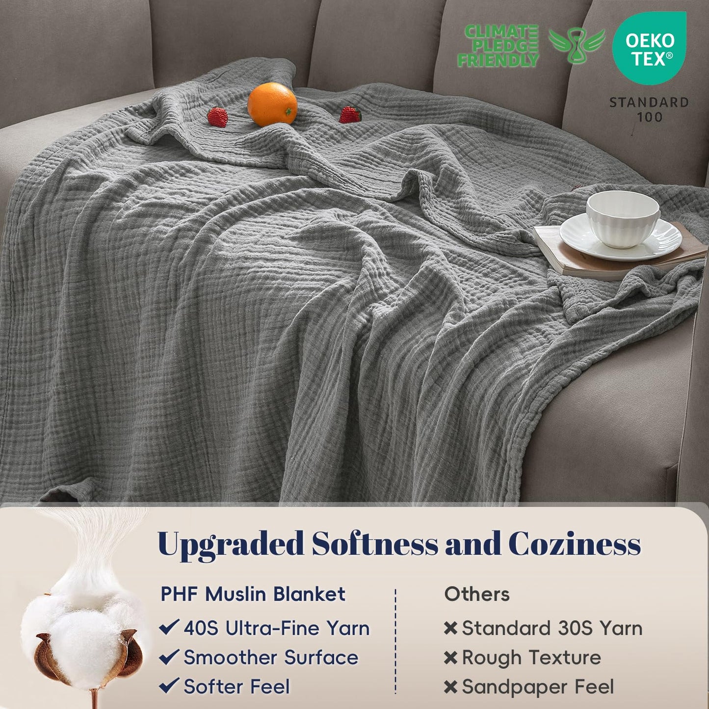 PHF 100% Cotton Muslin Throw Blanket 50" x 60", 4-Layer Lightweight Gauze Throw, Breathable Cloud-Soft Minimalist Blanket for Bed, Couch, Camping & Baby, Grey, Ideal Gift