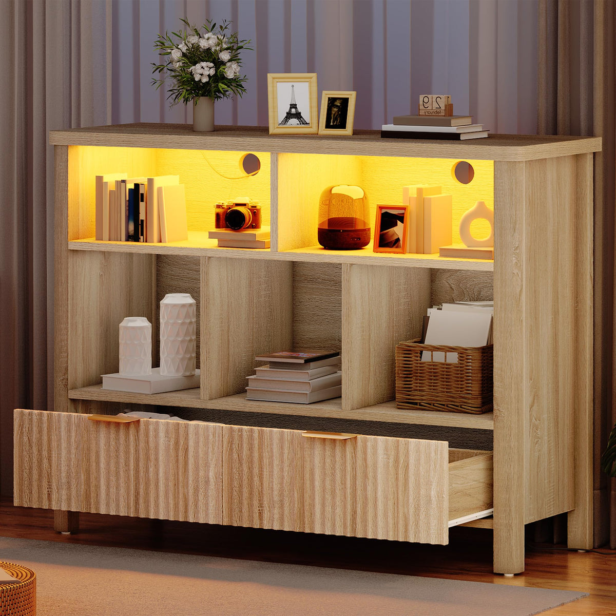 YITAHOME Bookcase with Drawers, Fluted Wood Cubby Storage Organizer Shelf Cube Bookshelf with Adjustable LED Lighting, Modern Horizontal Bookshelf for Living Room, Office, Entryway, Oak