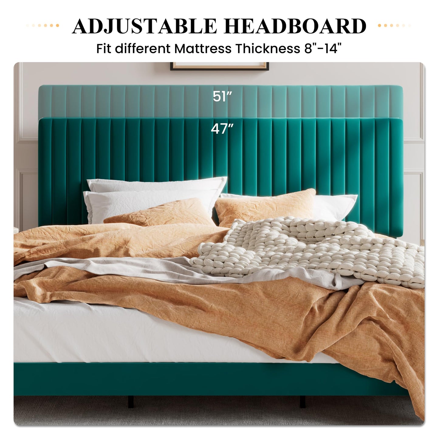 SHA CERLIN King Upholstered Platform Bed Frame with Vertical Channel Tufted Velvet Fabric Adjustable Headboard, Wooden Slats Support, Mattress Foundation, Box Spring Optional, Teal