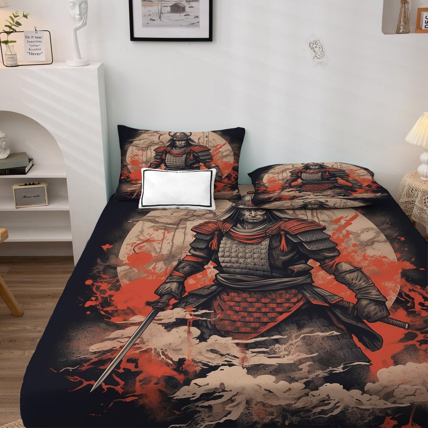 King Size Sheets Set - Japanese Samurai Bed Sheets, Asian Bedding Sheets & Pillowcases, Soft Microfiber & Deep Pocket & Wrinkle Free Patterned Sheet Set, 1 Fitted Sheet, 1 Flat Sheet, 2 Pillow Cases