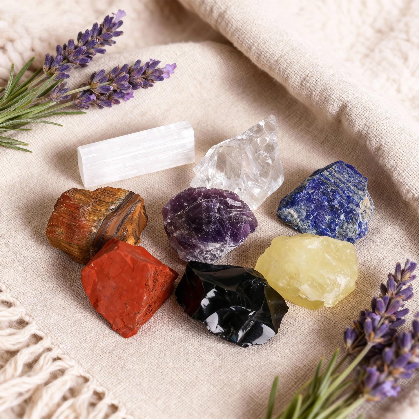 14Pcs Crystals and Healing Stones, Real Healing Crystals, Raw Crystals, Selenite Charging Plate, Amethyst Necklace, Rose Quartz