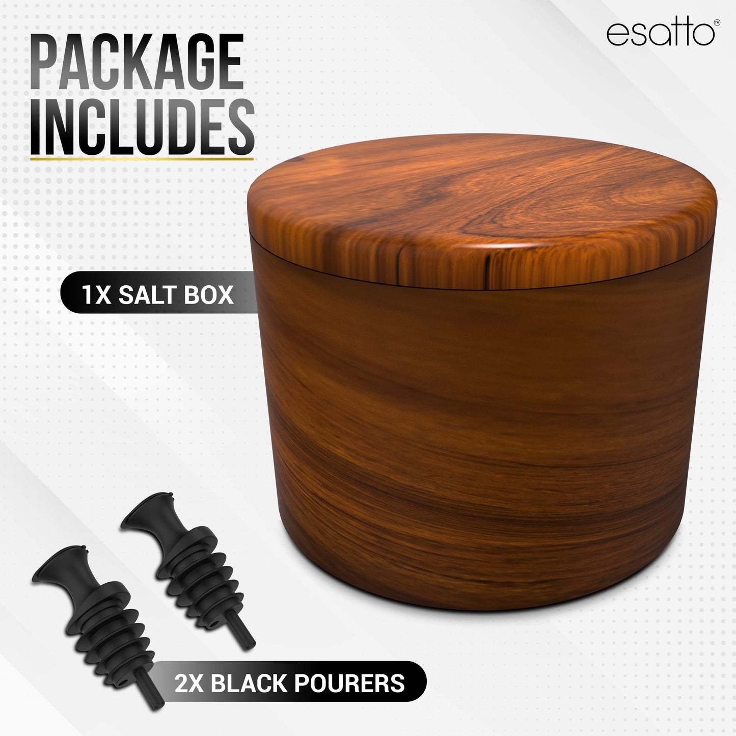 Esatto Round Acacia Wooden Salt Box, Magnetic Swivel Lid, Salt pepper or Spice Storage Box, 2 Wine Pourers Included