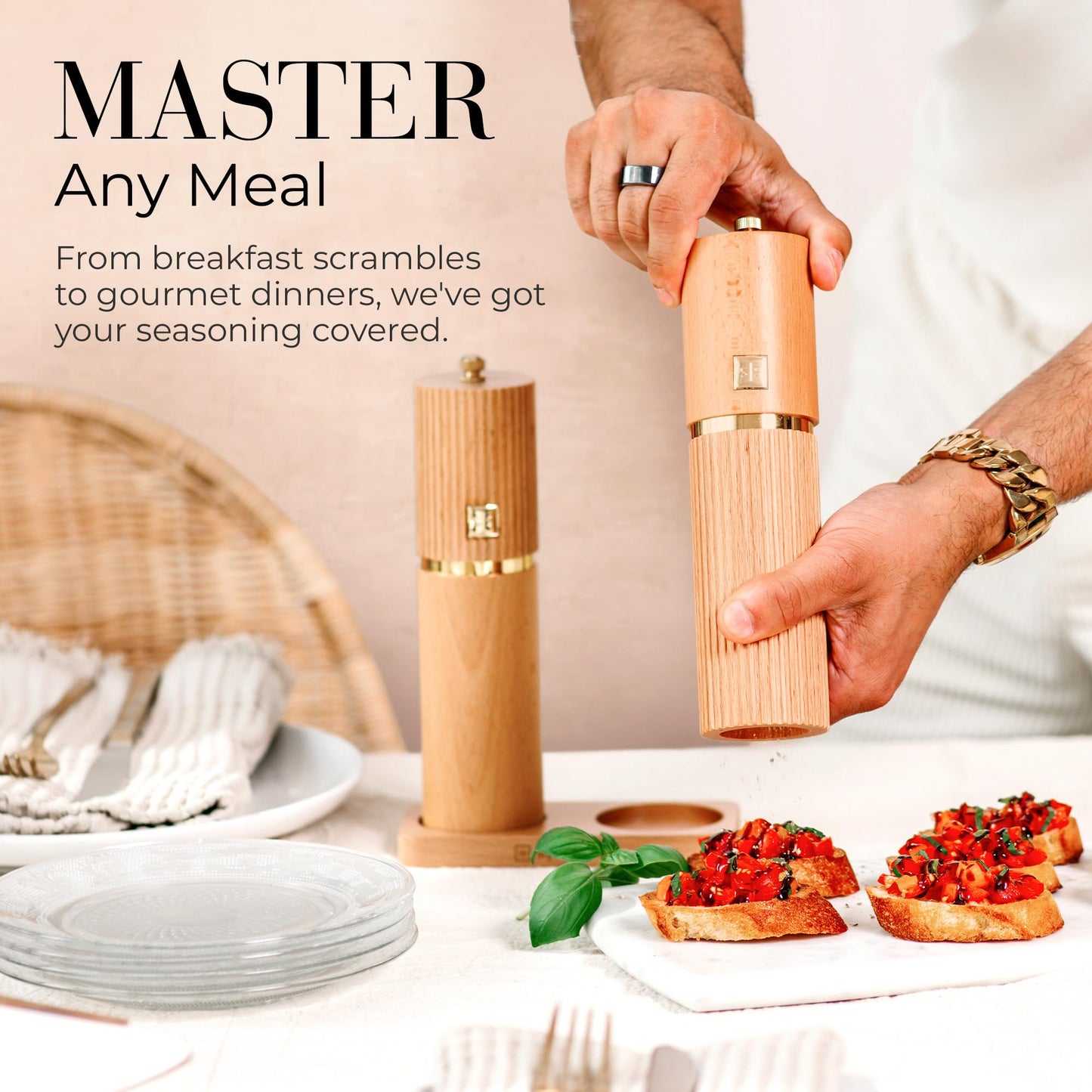 Wooden Salt and Pepper Grinder Set – Refillable Manual Salt and Pepper Mills with Adjustable Ceramic Burrs, Gold Detailing, and Wood Stand