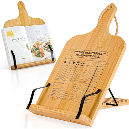 [Upgraded] Adjustable Bamboo Cookbook Stand with 7-Angles, Conversion Chart, Page Grips, Recipe Cookbook Holder for Kitchen Counter, Kitchen Book Stand for Cookbook, Textbook, Tablet, Gift for Women