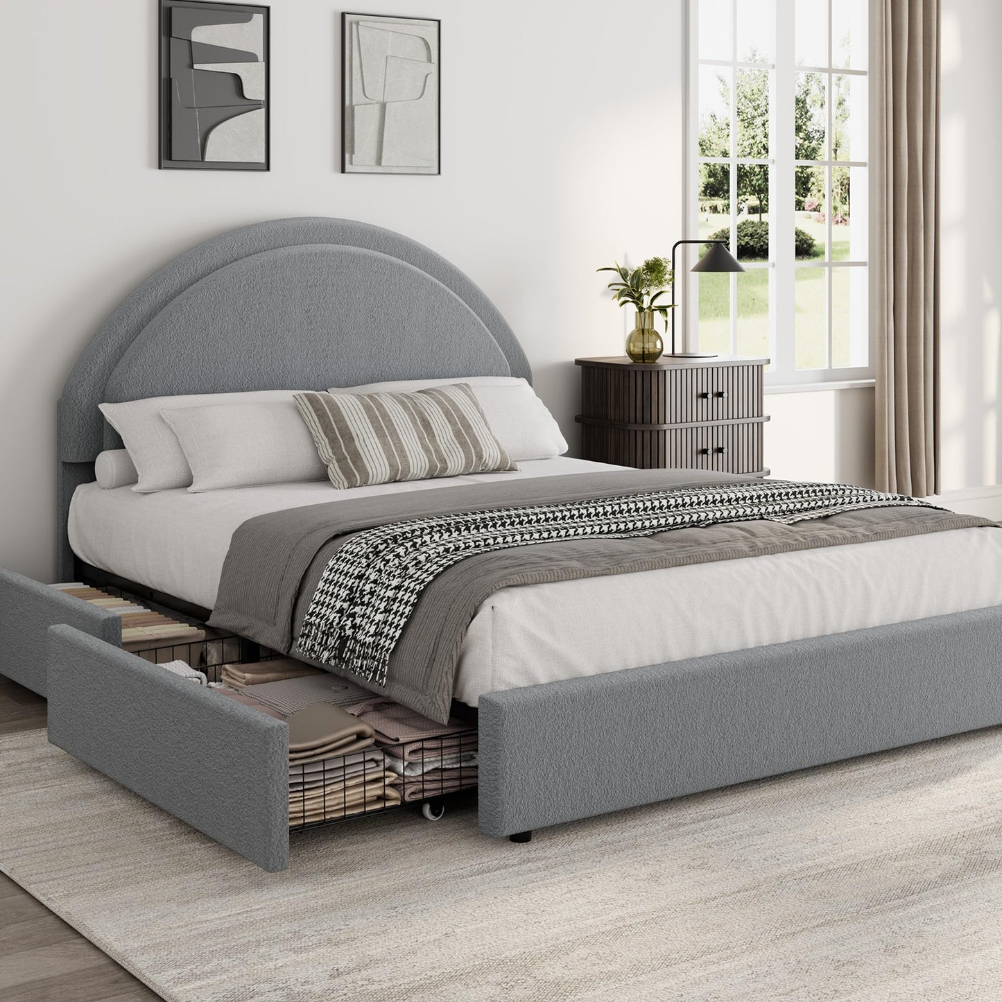 Garvee Full Size Bed Frame with Storage Drawers, Upholstered Boucle Platform Bed with Round Headboard, Heavy Duty & Noise Free, No Box Spring Needed, Grey