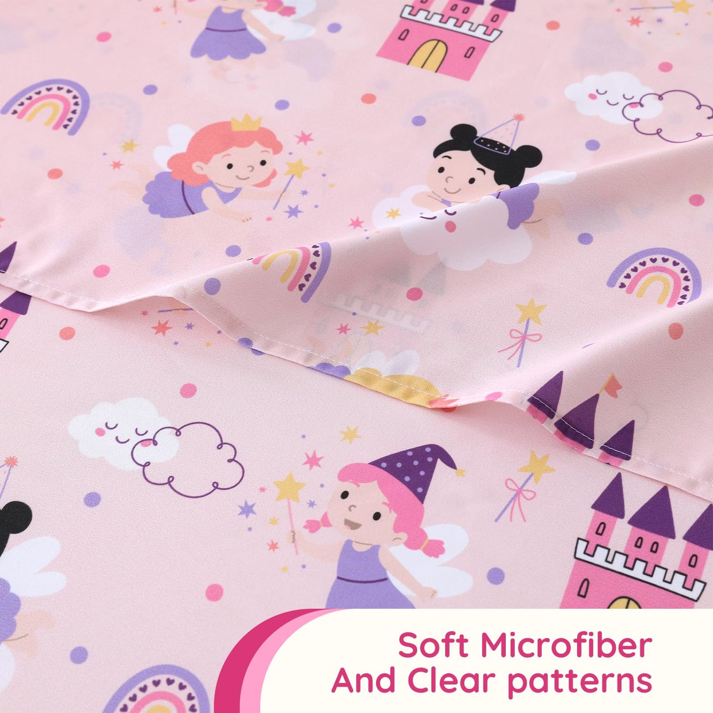 MCO Twin Sheets Set Kids, Soft Microfiber Bed Sheet Set for Boy Girls, 3 Pieces Breathable Twin Sheets Pink Fairy Castle