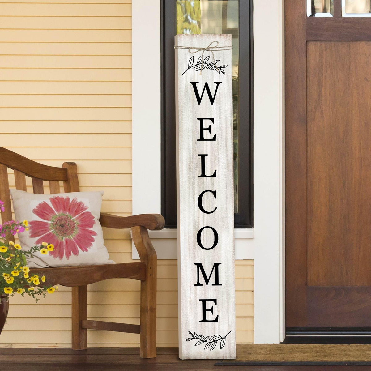 Welcome Sign for Front Porch Standing - Wooden Vertical Hanging Farmhouse Decor With Leaves for Front Door and Home Decorations 47.2"H