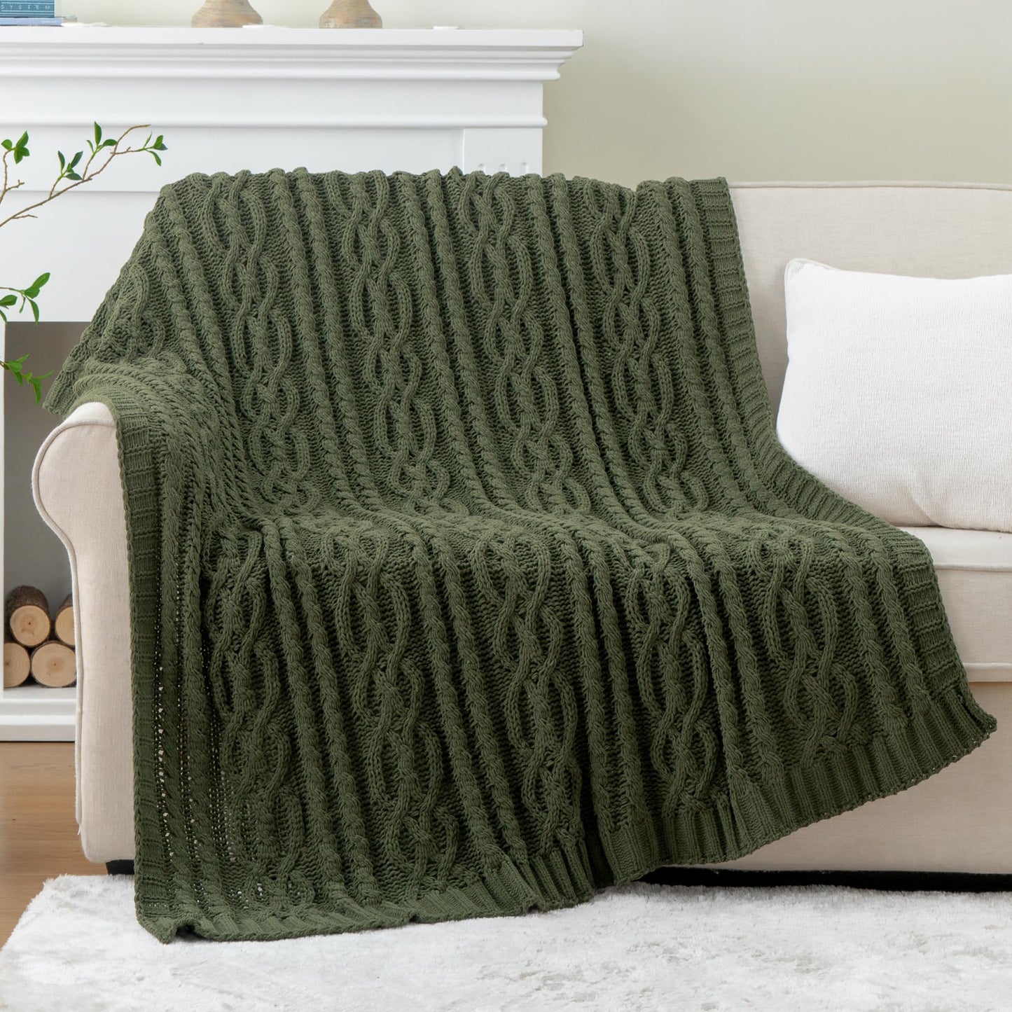 Battilo Olive Green Throw Blanket for Couch, Chunky Cable Knit Blanket, Woven Soft Cozy Chenille Throw Blanket for Bed, Sofa, Chair, Living Room, 51"x67"