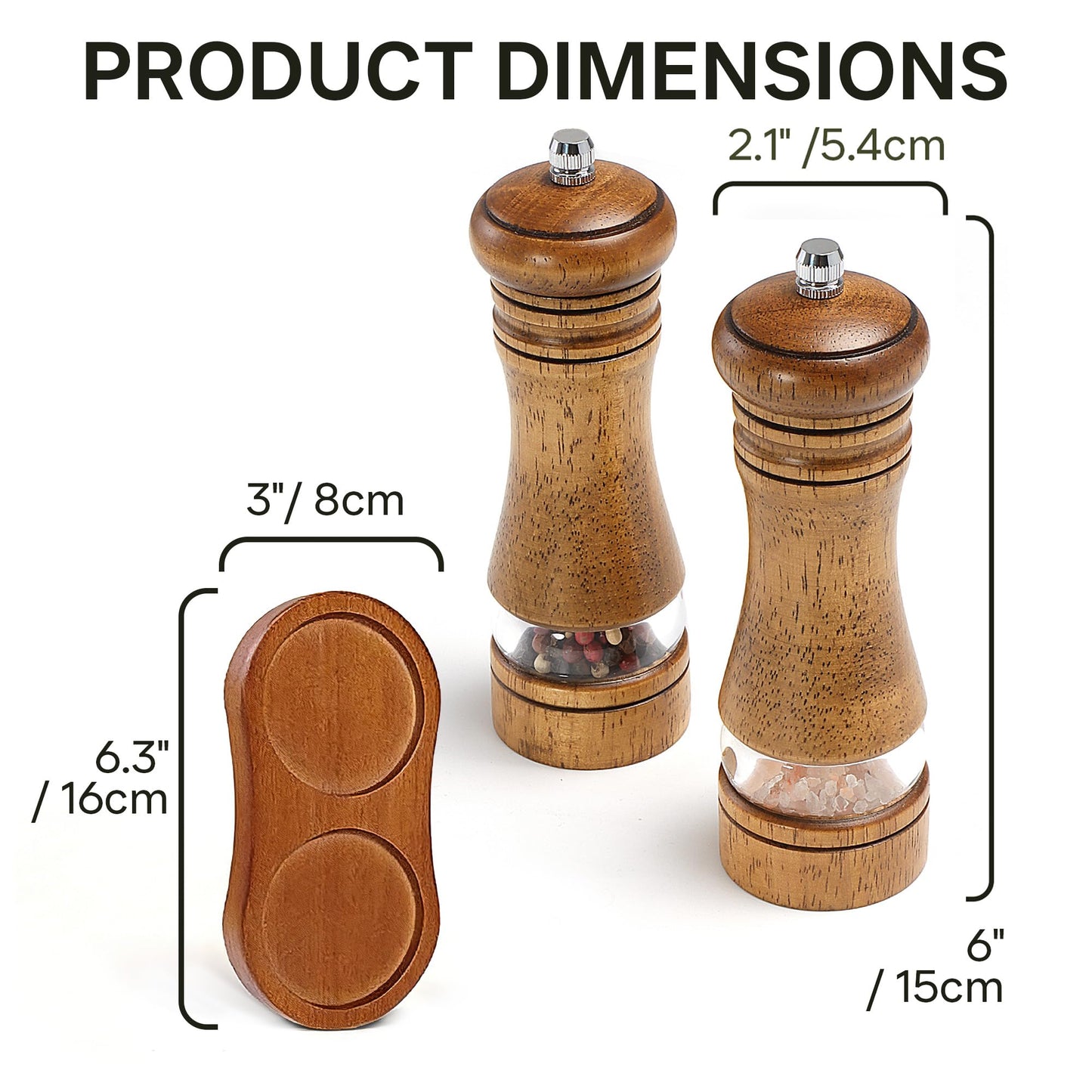 M JINGMEI Wooden Salt and Pepper Grinder Set, Premium Oak Wood Salt Grinders Shakers, Pepper Mill with Acrylic Clear Window, Adjustable Ceramic Grinder (6″ - 2 Packs with Tray)