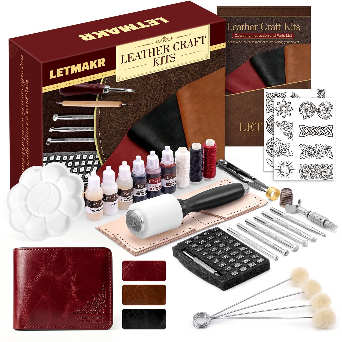 Leather Working Kit-Leather Crafting Tools with Cowhide and Paint Set-Men's Wallet DIY Kit-Hobbies for Women and Men-Art and Crafts for Adults- Birthday Gift for Men,Dad,Boyfriend,Husband