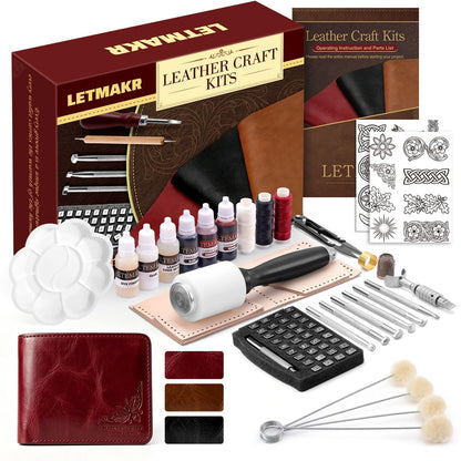Leather Working Kit-Leather Crafting Tools with Cowhide and Paint Set-Men's Wallet DIY Kit-Hobbies for Women and Men-Art and Crafts for Adults- Birthday Gift for Men,Dad,Boyfriend,Husband