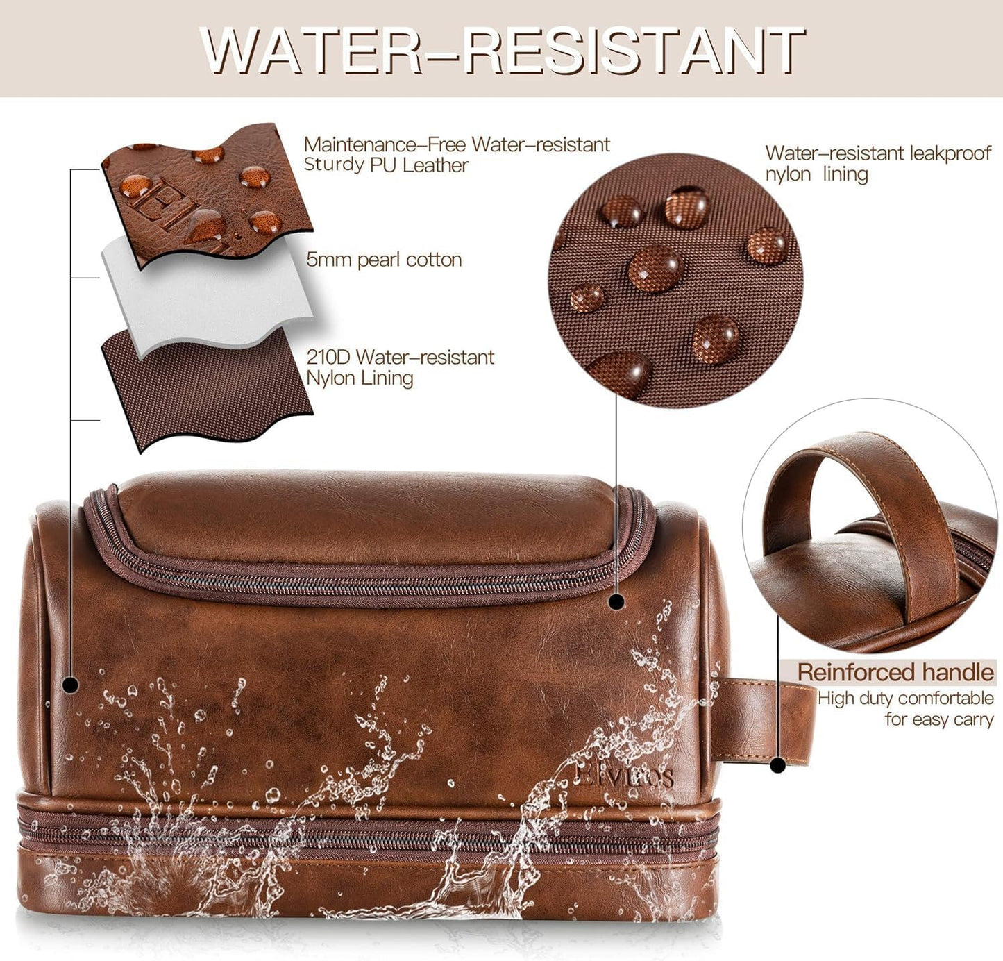 Elviros Water-Resistant Leather Toiletry Bag for Men Large Double-Layer Travel Wash Bag Shaving Dopp Kit Bathroom Gym Toiletries Makeup Organizer,Gift for Men (Dark Brown)