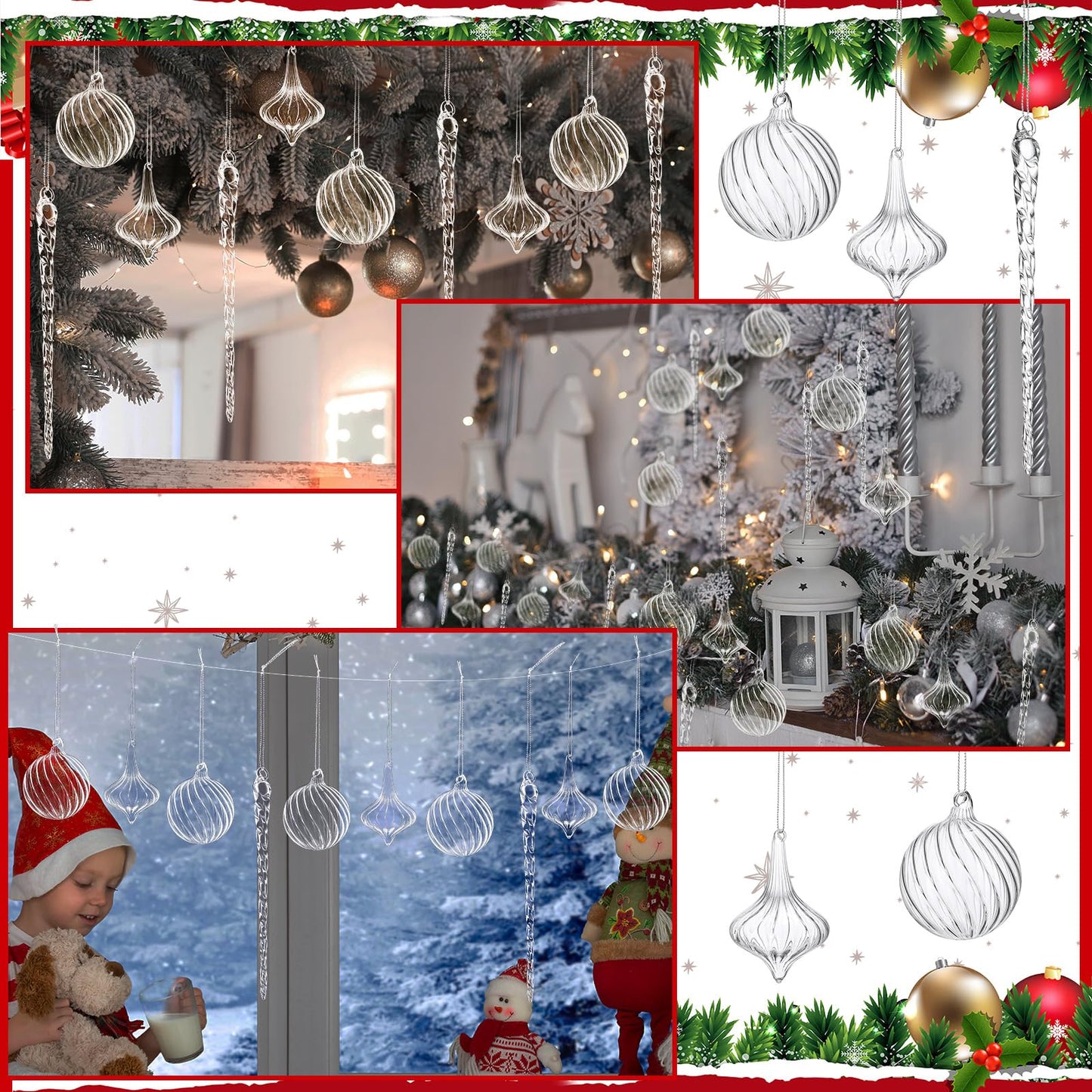 Seematn 18 Pcs Clear Christmas Glass Ornaments Ball Icicle Drop Ornaments Hanging Crystal Balls Glass Bulbs for Xmas Tree Home Indoor Party Elegant Winter Festival Crystal Decorations