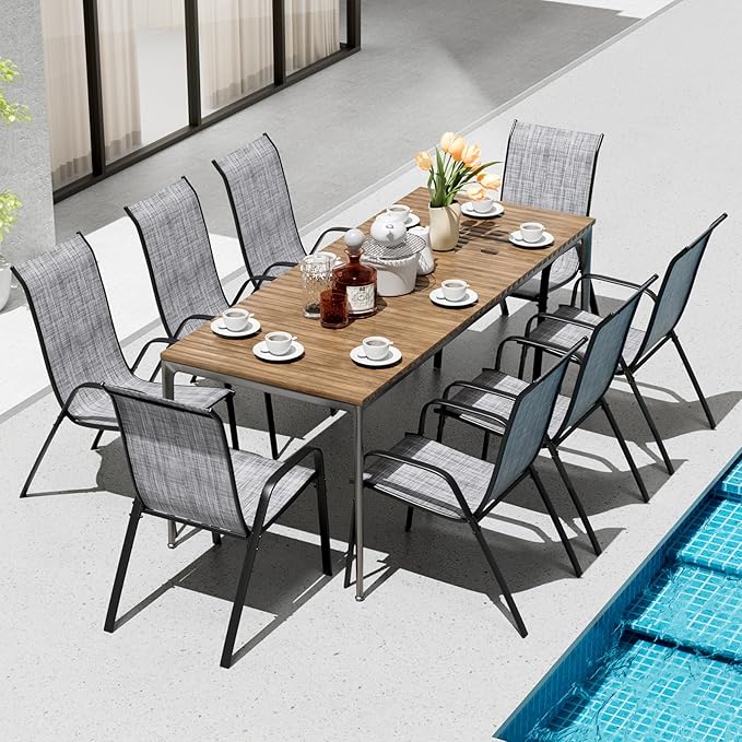 TLSUNNY Patio Chairs, Stackable Textilene Outdoor Dining Furniture for All Weather, with 17.7″ Wide Seat & Metal Frame, for Garden, Backyard, Deck, Restaurant, Poolside (8, Grey, 26.4″)