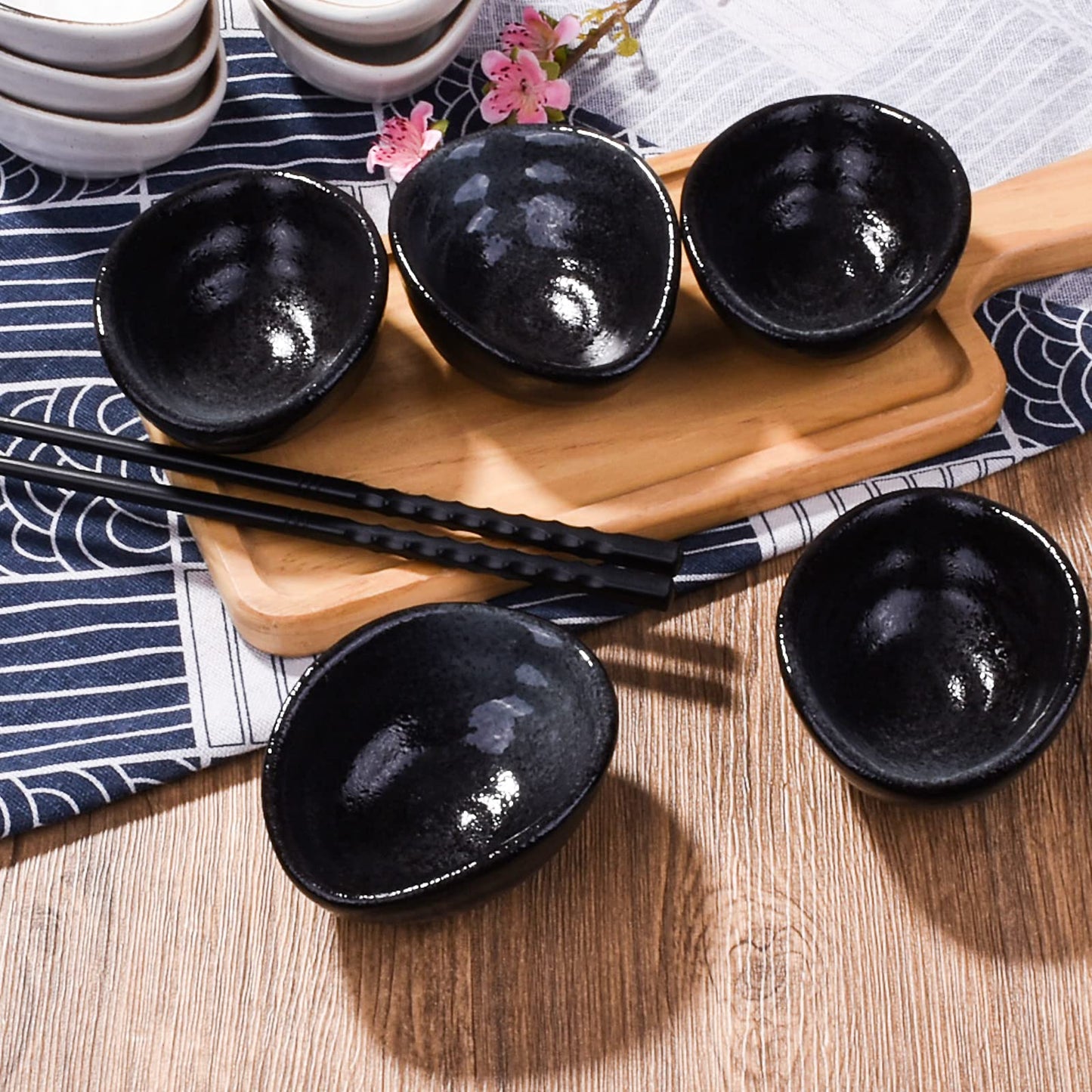 LMRLCS Japanese Dipping Sauce Bowls Elliptical Porcelain Soy Sauce Dish Sushi Dish Ceramic Asian Sauce Bowls Set of 5 for Vinegar,Oil,Salt,Salad Soy Sauce,Wasabi, Black