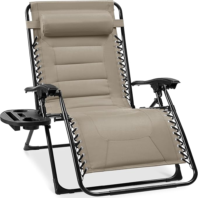 Best Choice Products Oversized Padded Zero Gravity Chair, Folding Outdoor Patio Recliner, XL Anti Gravity Lounger for Backyard w/Headrest, Cup Holder, Side Tray, Polyester Mesh - Dune
