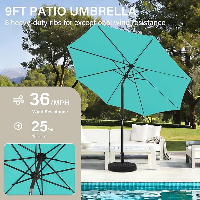 MEWAY 9ft Patio Umbrella Outdoor Table Umbrellas with Push Button Tilt and Crank, Market Umbrella 8 Sturdy Ribs for Deck, Garden, Pool and Backyard, Teal