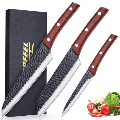 Topfeel 3PCS Kitchen Knife Set, Hand Forged High Carbon Stainless Steel Chef Knife Sets, Ultra Sharp Professional Japanese Knife Sets With Wood Ergonomic Handle & GIFT BOX