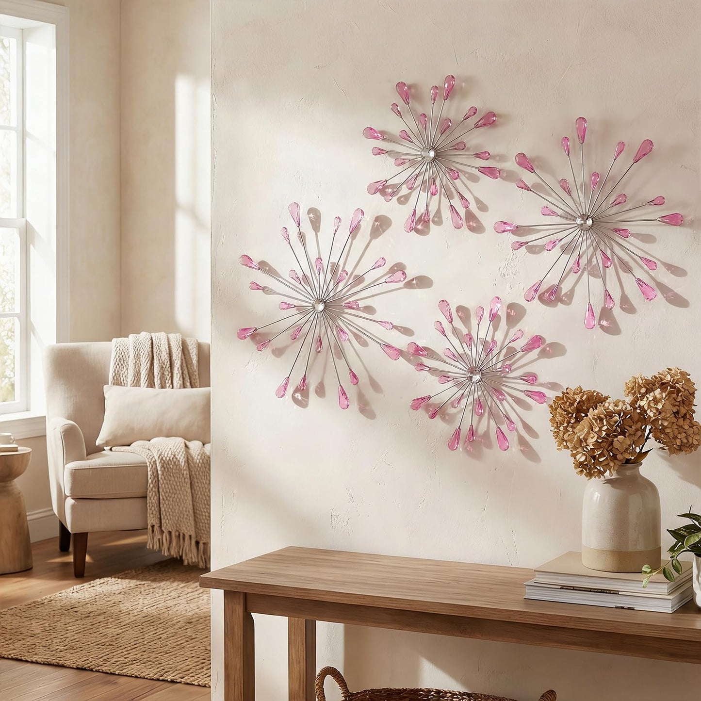 ZEXUIRU 4 Pcs Metal Starburst Art for Wall Decor Living Room Bedroom Dining Room Office - Bling 3D Crystal Rhinestone Sunburst Wall Art -Pink 13in/11.8in/9.8in/9.8in