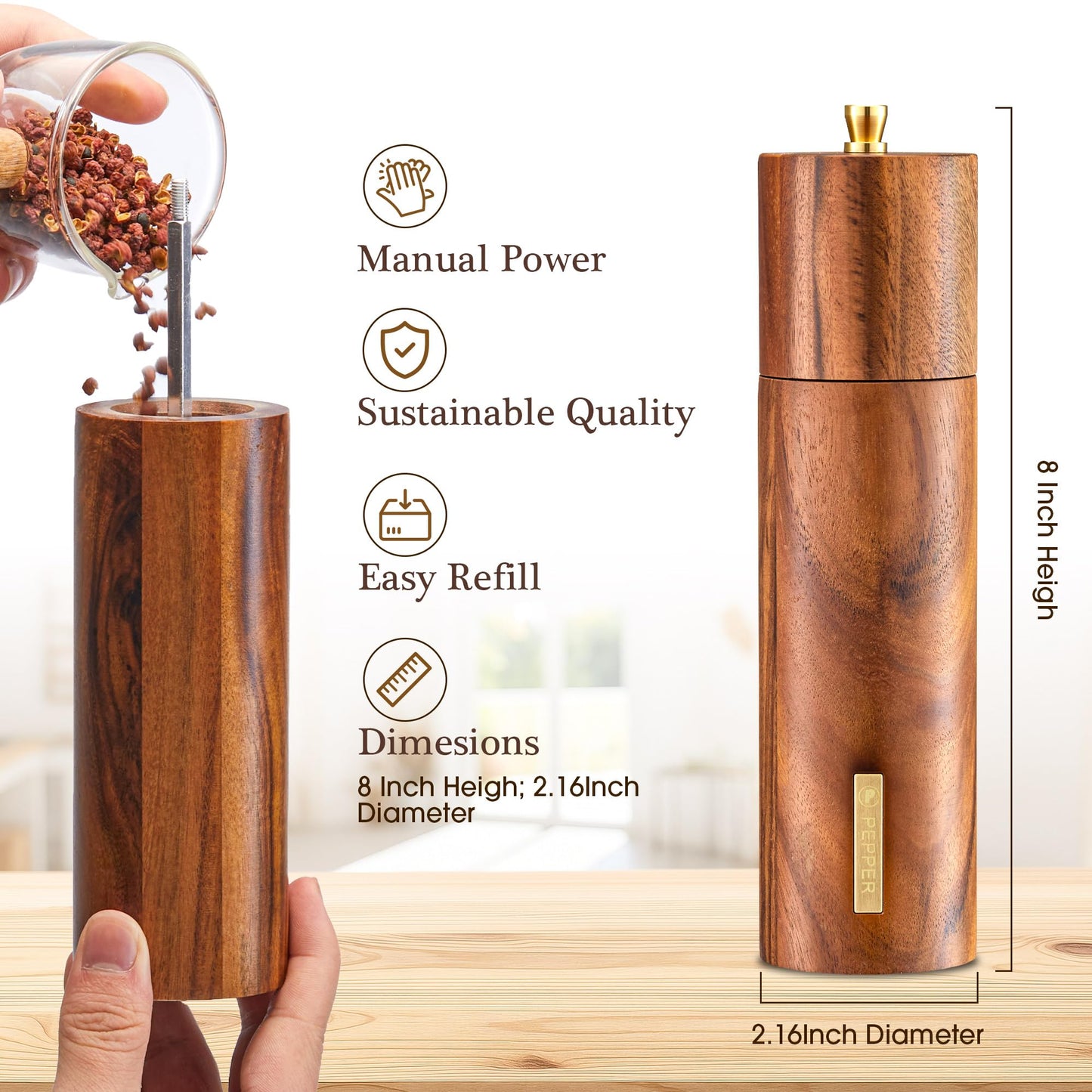 2 Pack Acacia Wooden Salt and Pepper Grinder Set with Gold Label, Premium 8 Inches salt and pepper shakers, Manual Wood Grinders with Adjustable Coarseness Ceramic Core, Ideal for Kitchen Home Gift