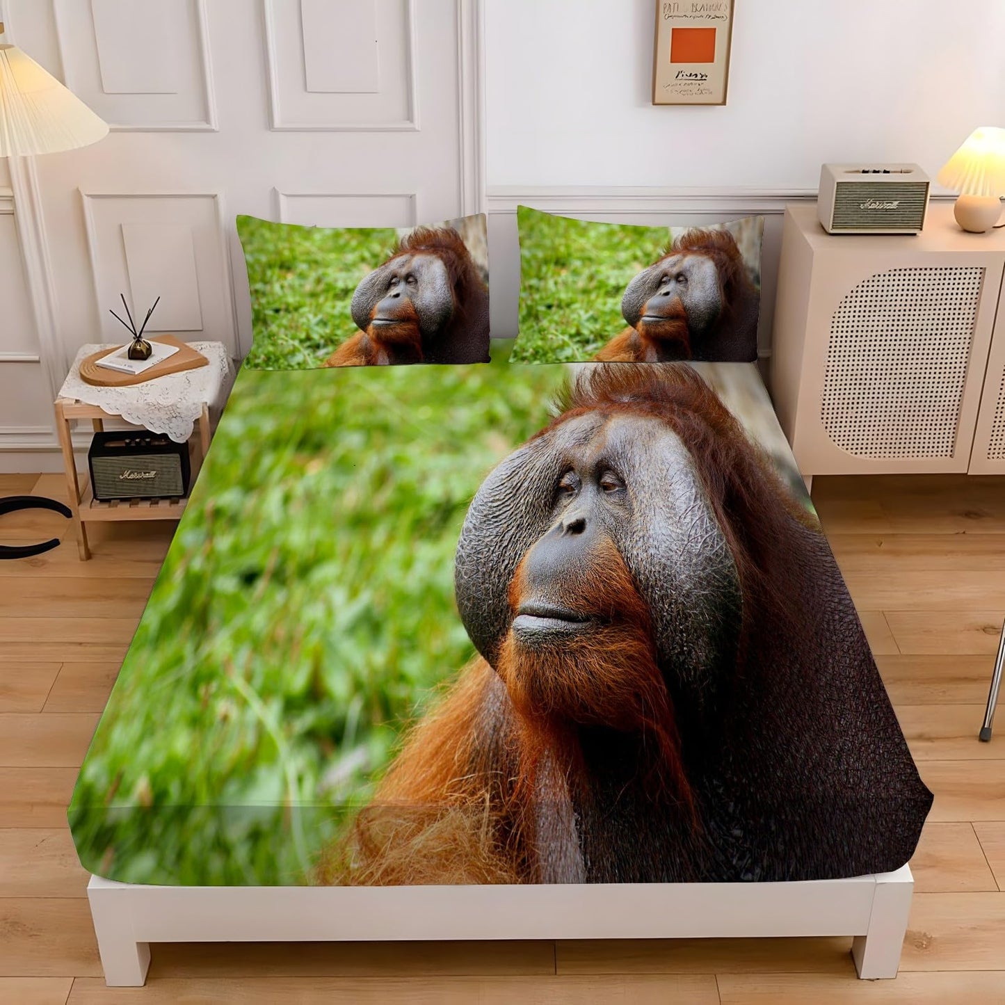 Gorilla Full Size Sheet Sets - Borneo Orangutan Bed Sheets Set with 1 Fitted Sheet,1 Flat Sheet and 2 Pillowcases for All Season Without Filler 4 Piece (Fitted Sheet, Flat Sheet, Pillow Case)