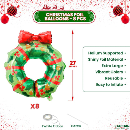 KatchOn, Large Christmas Wreath Foil Balloons – Pack of 8 | Christmas Decorations Indoor | Green Foil Balloons with Red Bow for Holiday Celebrations, Family Gatherings | Indoor Outdoor Festive Décor