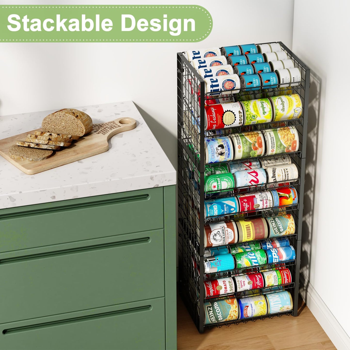 JKsmart 2-Tier Stackable Can Rack Organizer for Pantry, Adjustable Can Dispenser Holds Up to 62 Cans, Can Storage Holder for Various Ounces of Canned Food Soda Drinks, Black, 2 Pack (Petent Pending)