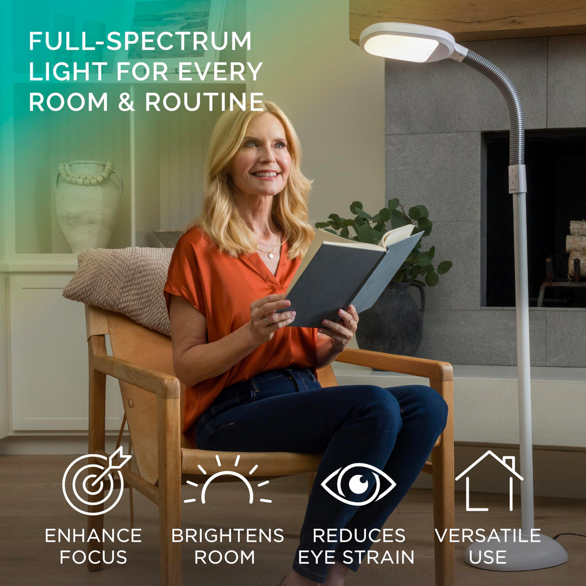 Verilux SmartLight Full Spectrum LED Modern Floor Lamp with Adjustable Brightness, Flexible Gooseneck and Easy Controls - Reduces Eye Strain and Fatigue - Ideal for Reading, Artists, Craft (White)