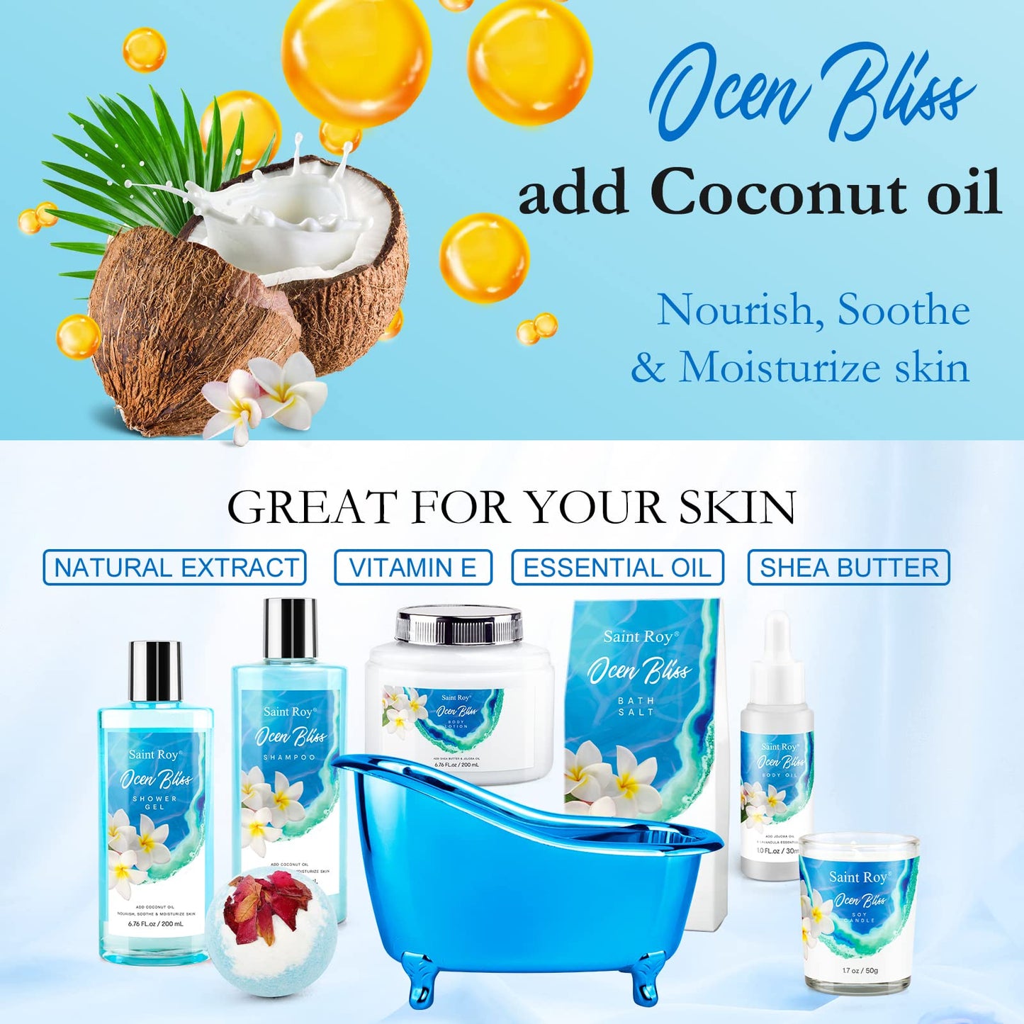 Mothers Day Gifts for Women Bath & Body Gift Set, Bath Basket Spa kit Gifts for Her Him Birthday Gift for Woman, Self-care Home Spa Kit, 8pcs Christmas Gift for Women Ocean Vanilla, Spa Gift Baskets