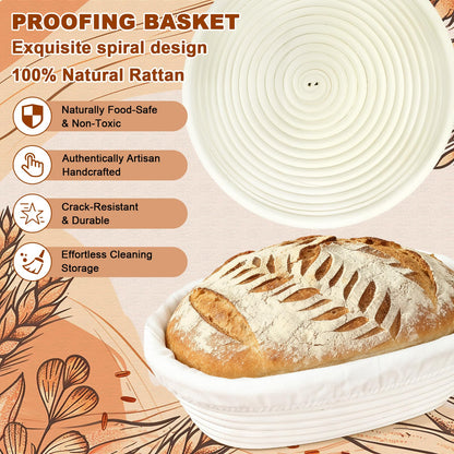 Sourdough Starter Kit,Sourdough Bread Baking Supplies, 9" Round and 10" Oval Banneton Bread Proofing Basket Set with Glass Sourdough Starter Jar, Sourdough Bread Making Tools Gifts for Women Wife Mom