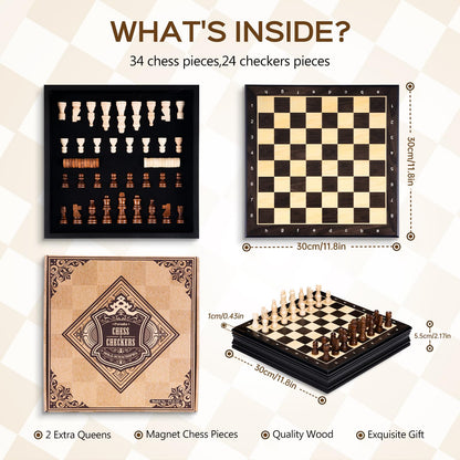 Peradix Magnetic Chess Set 12 Inch Classic 2 in 1 with Chess Pieces, Wood Board Box with Storage, 2 Extra Queens, Wooden Chess Board Games for Kids and Adults, Family Educational Gift Sets
