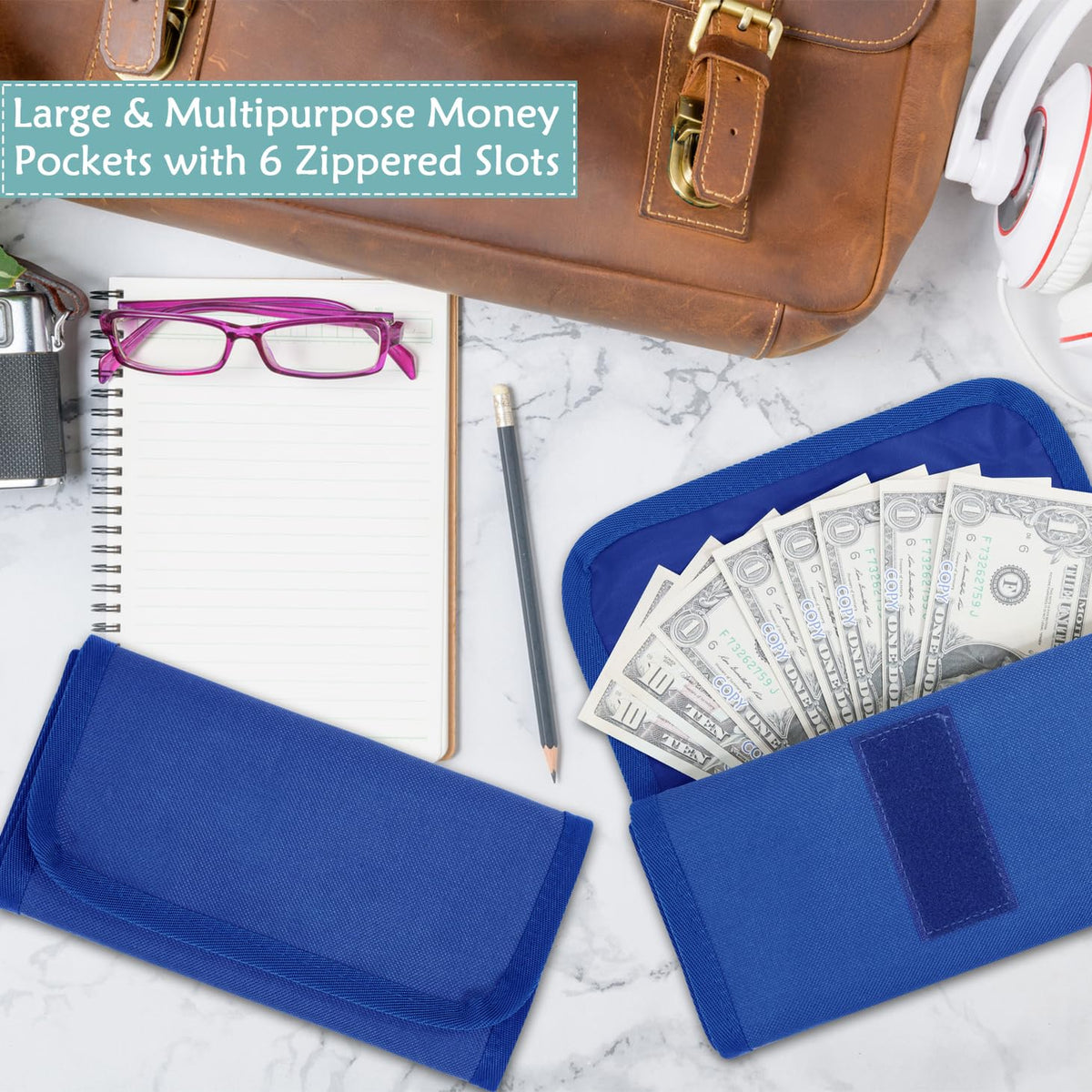 VOCHIC Money Pouch, Money Organizer for Cash with 6 Zippered Pockes, Cash Bill Organizer, Money Bag Small Travel Money Holder for Budgeting, Receipt and Tips,Mothers Day Gifts(Blue)