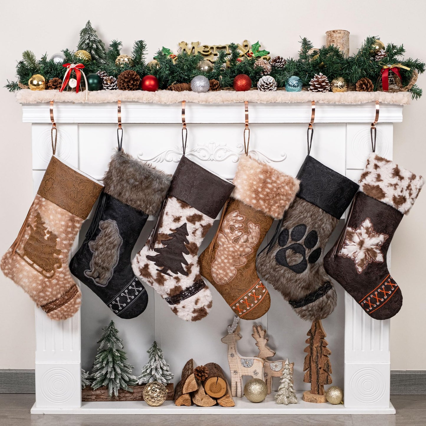 LUBOT 2025 Christmas Stockings Set of 6, Western Cowboy 20" Rustic Farmhouse Fireplace Hanging Décor Neutral Embossed Leather & Plush Faux Fur with Tassel Accents Large Family Xmas Stockings