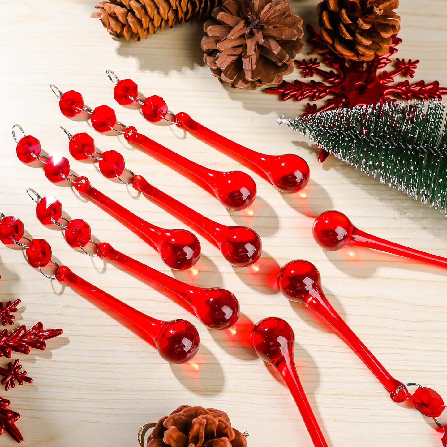 10pcs Red Glass Christmas Ornaments for Tree- Crystal Teardrop - Chandelier Crystals Replacement Drops- Christmas Decor Hanging Ornaments