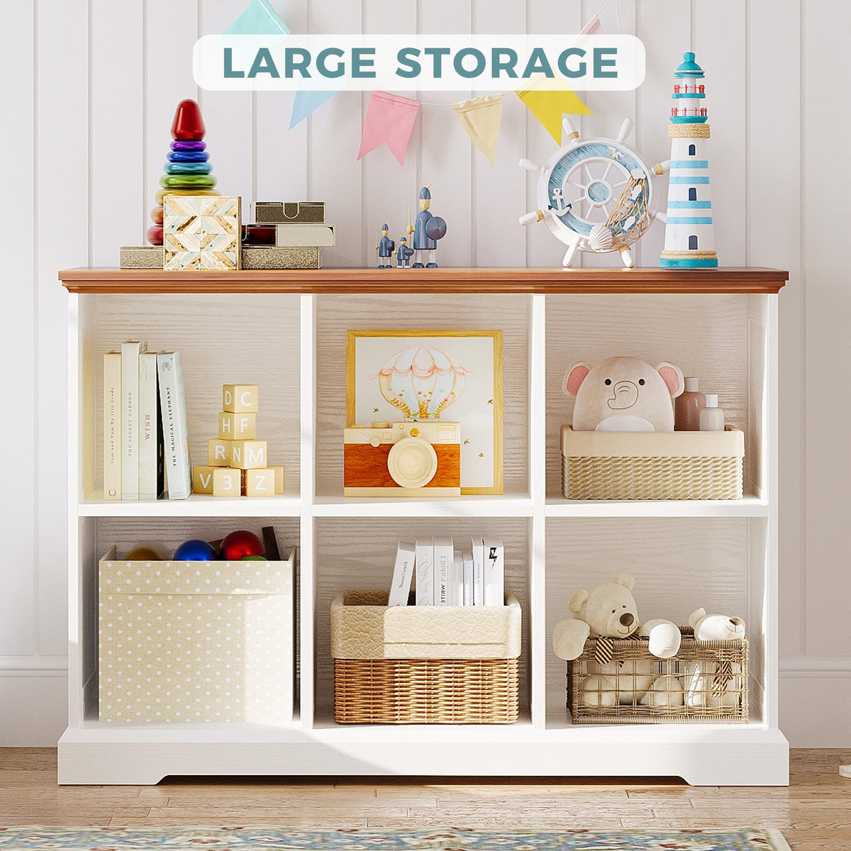 IRONCK 6 Cube Storage Organizer, Wooden Cube Shelf with Storage, Farmhouse Bookcase for Bedroom, Living Room and Home Office, White