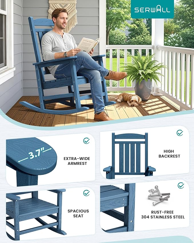 SERWALL Rocking Chairs Set of 2, HDPE Outdoor Rocking Chair, All-Weather Porch Rockers for Patio, Blue